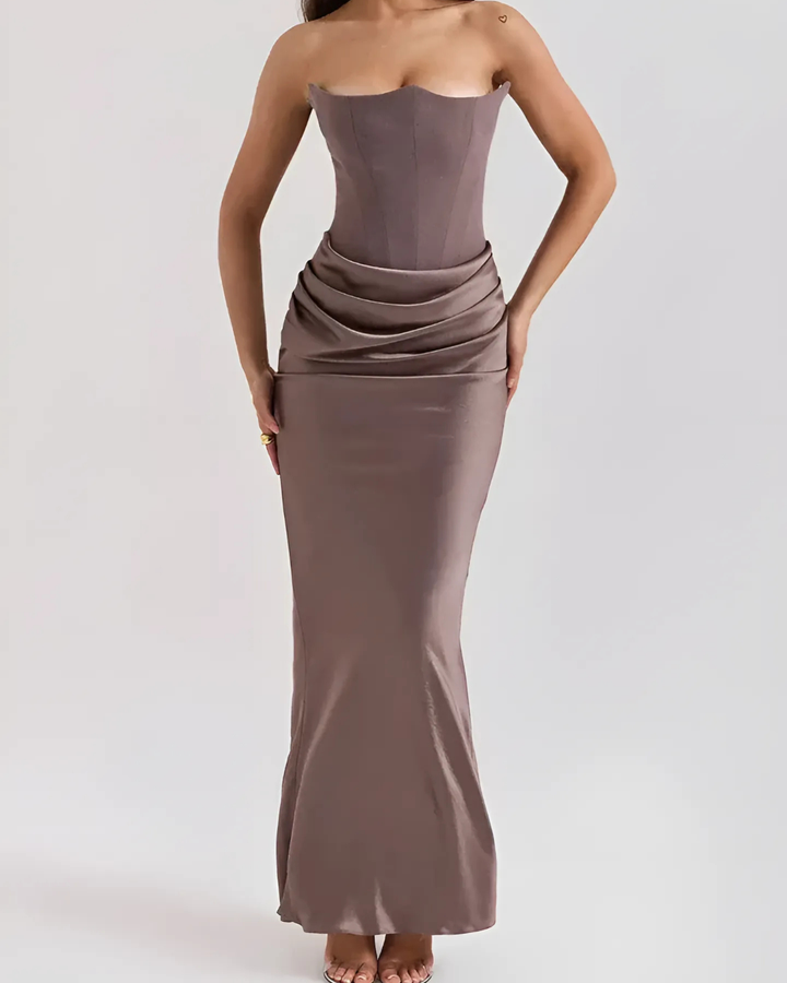 Mauve strapless gown on a white background
