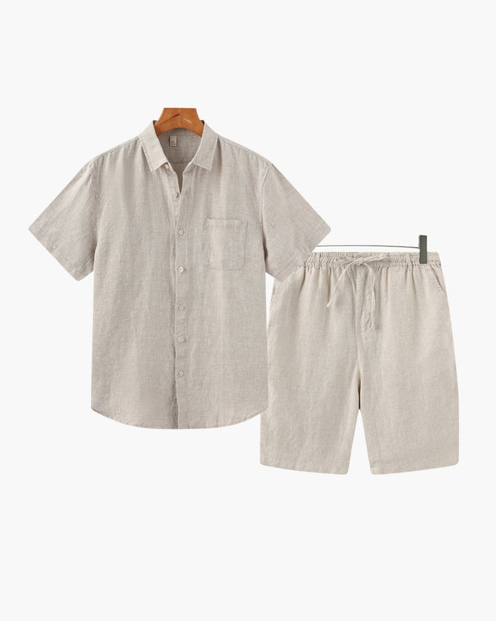 Beige linen shirt and shorts set on a white background