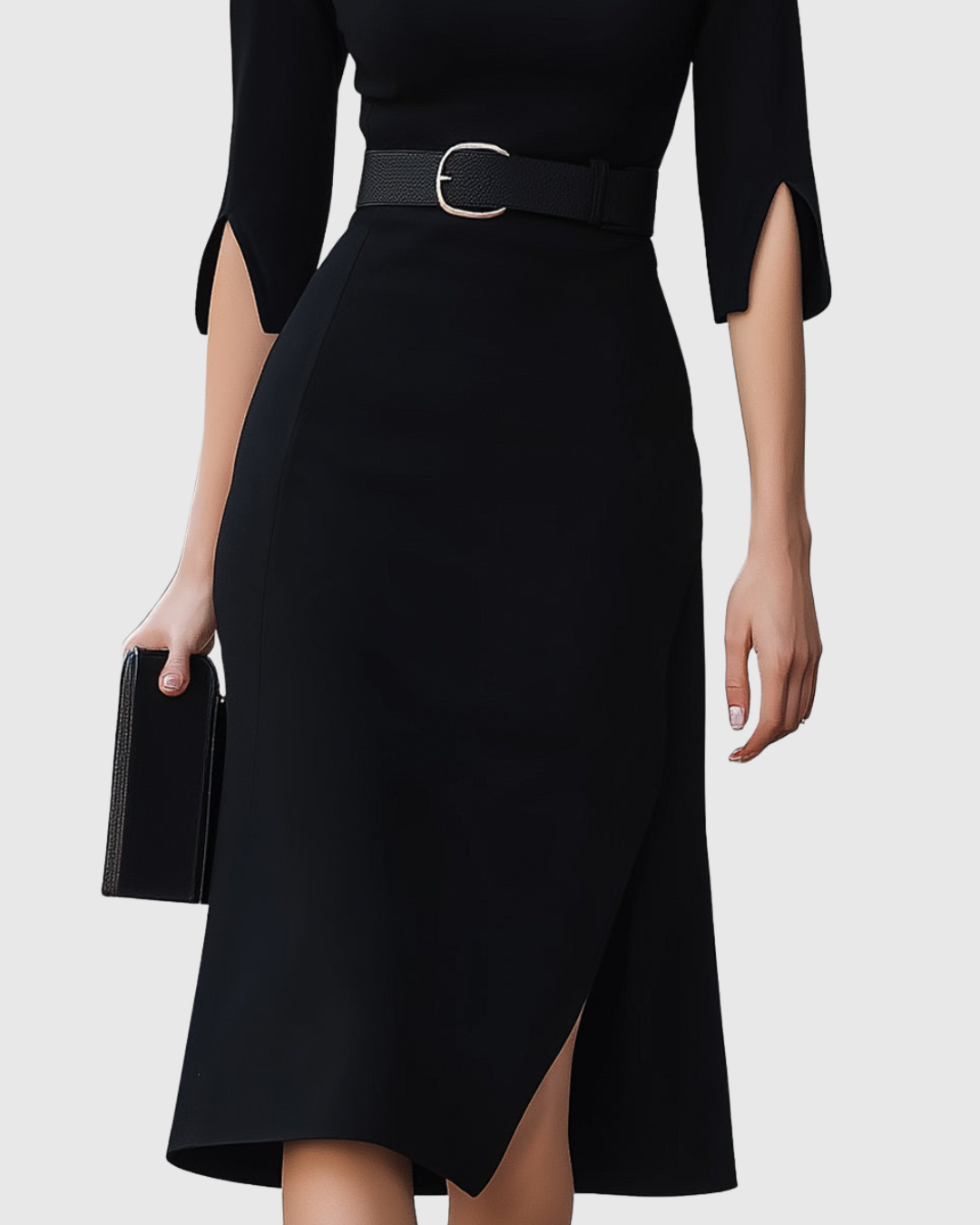 Black dress with a belt and a hand holding a clutch on a white background