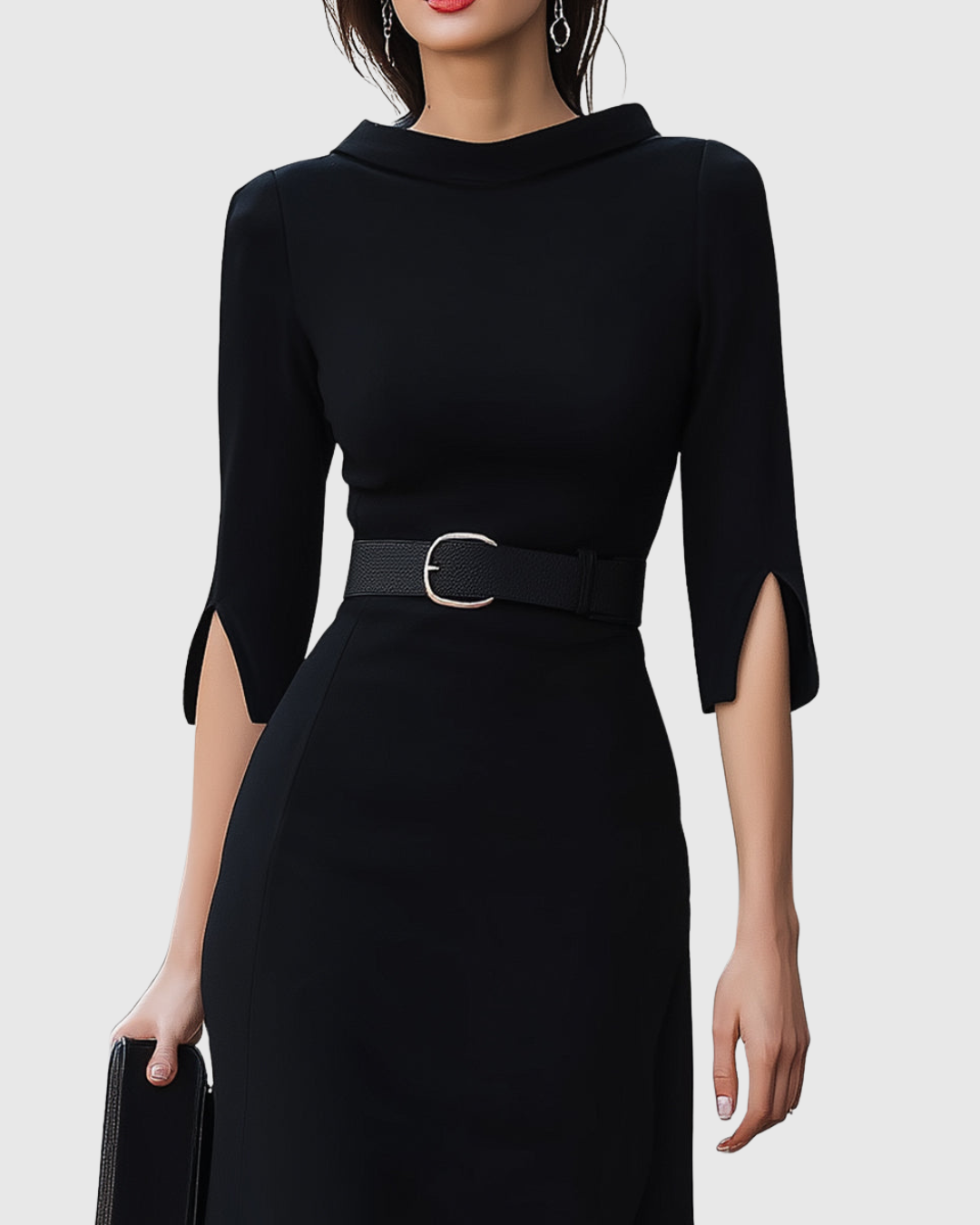 Black dress with a belt worn by a model on a white background