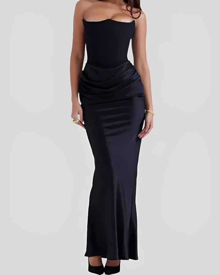 Black strapless gown on a white background