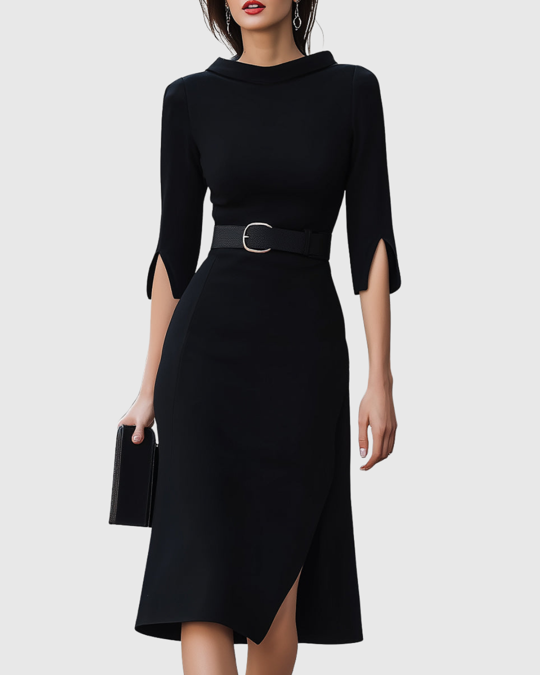 Black dress with a belt and a clutch on a white background