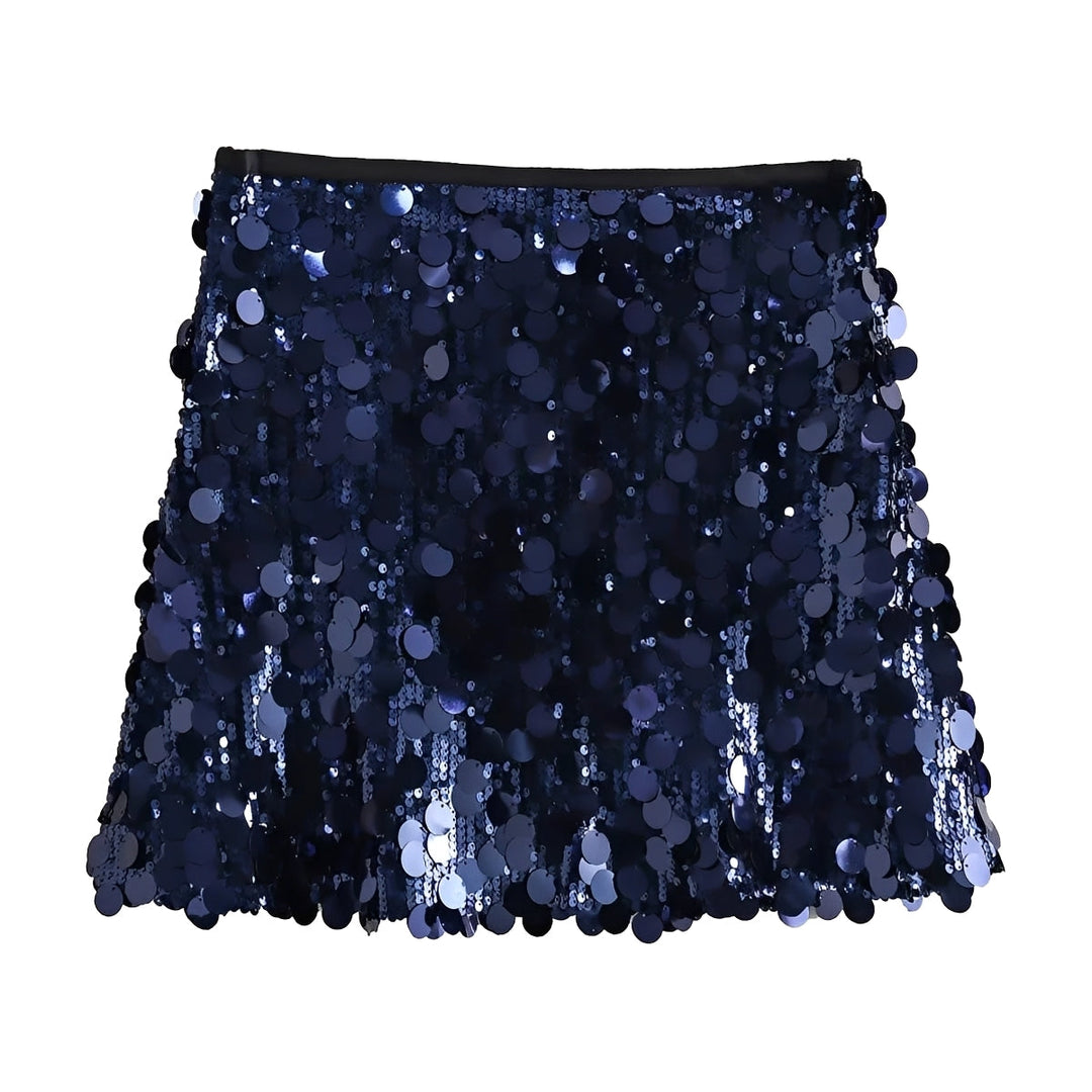 Navy blue sequin skirt on a white background