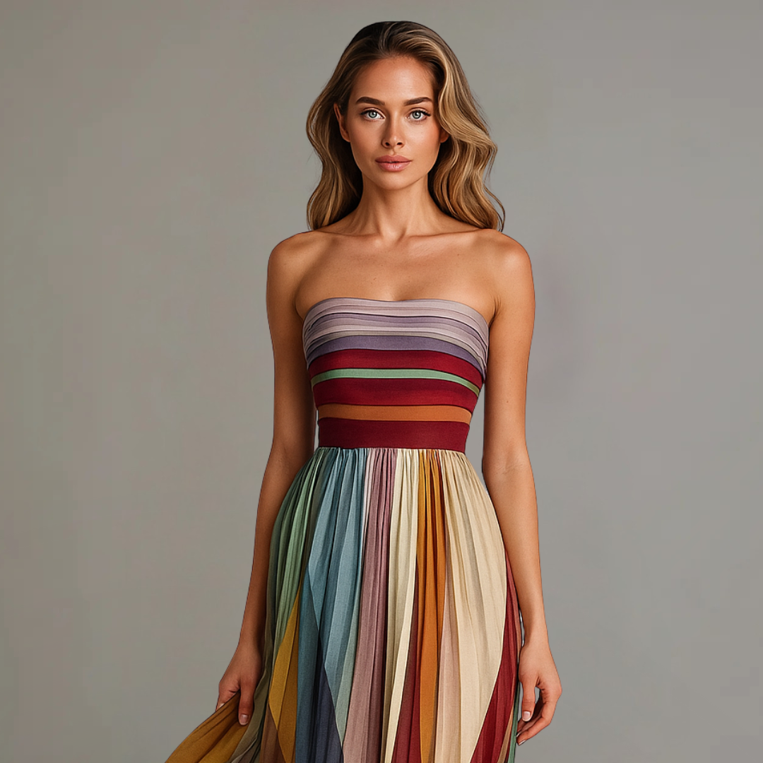 Woman wearing a strapless, multicolored dress against a plain background
