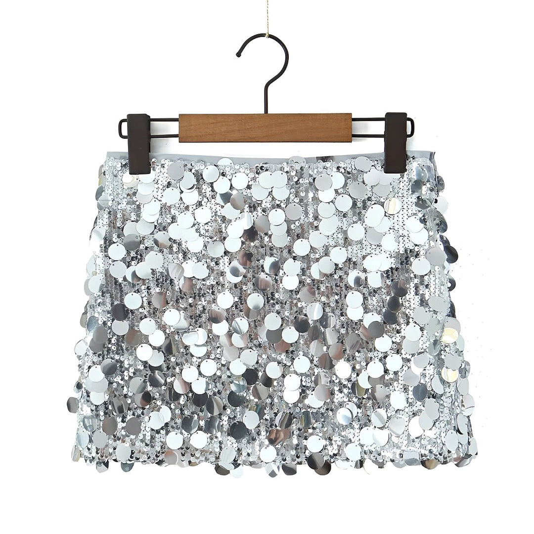 Silver sequin skirt on a hanger against a white background