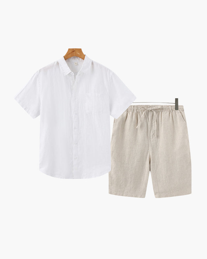 White shirt and beige shorts on a white background