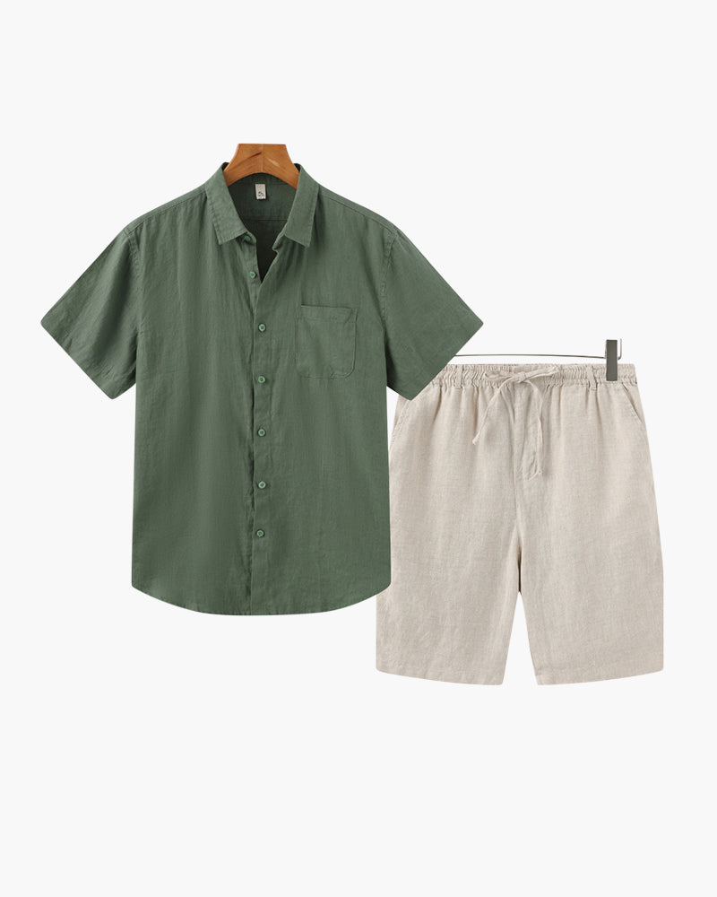 Green shirt and beige shorts on a white background