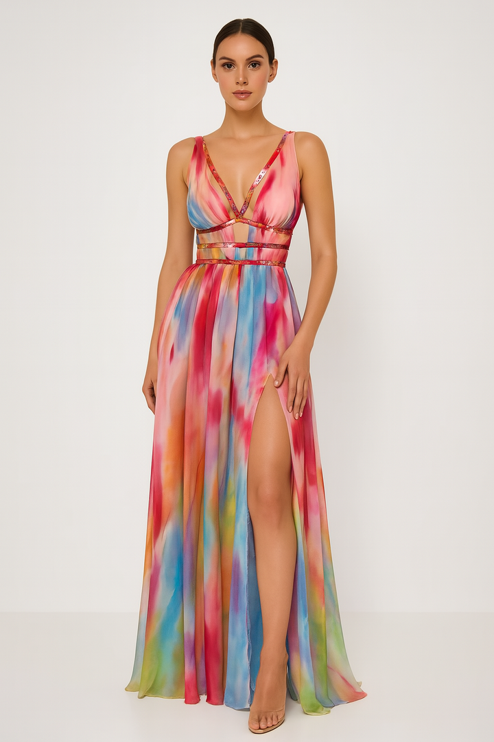 Woman wearing a colorful tie-dye dress with a white background