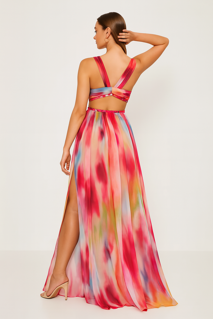 Woman wearing a colorful tie-dye dress with a white background