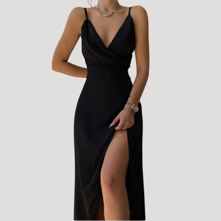 Black dress with a deep neckline and high slit on a white background