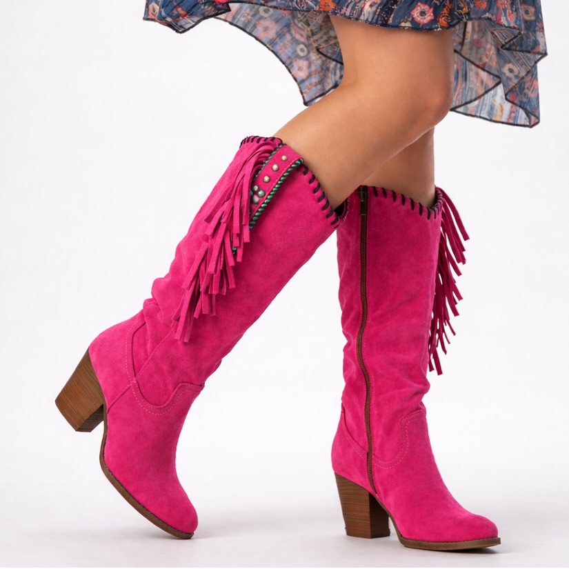 Pink suede boots with fringe details on a white background