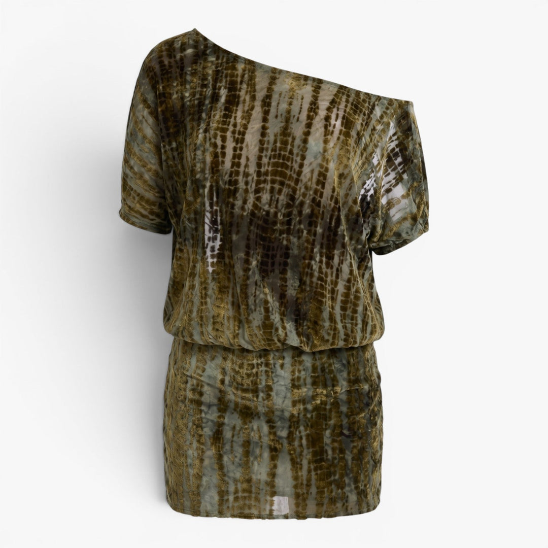 Tie-dye patterned top and skirt set on a white background
