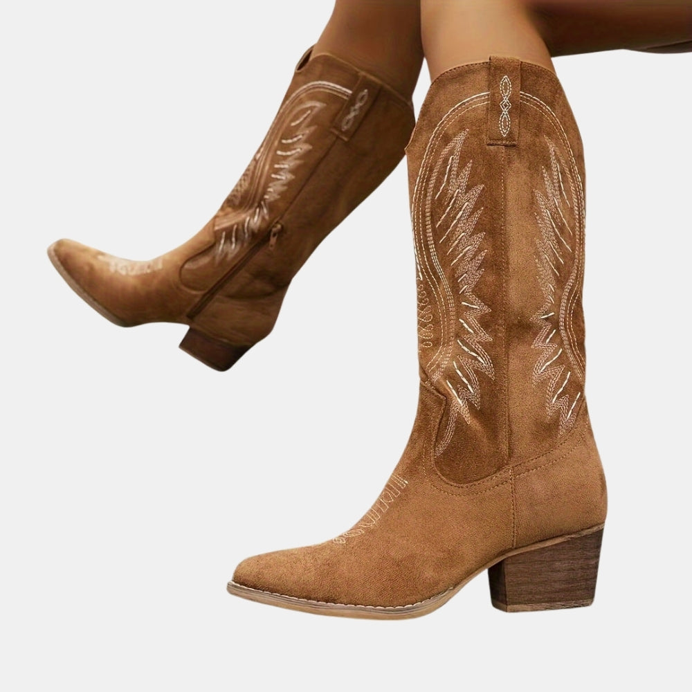 Tan cowboy boots with detailed embroidery on a white background