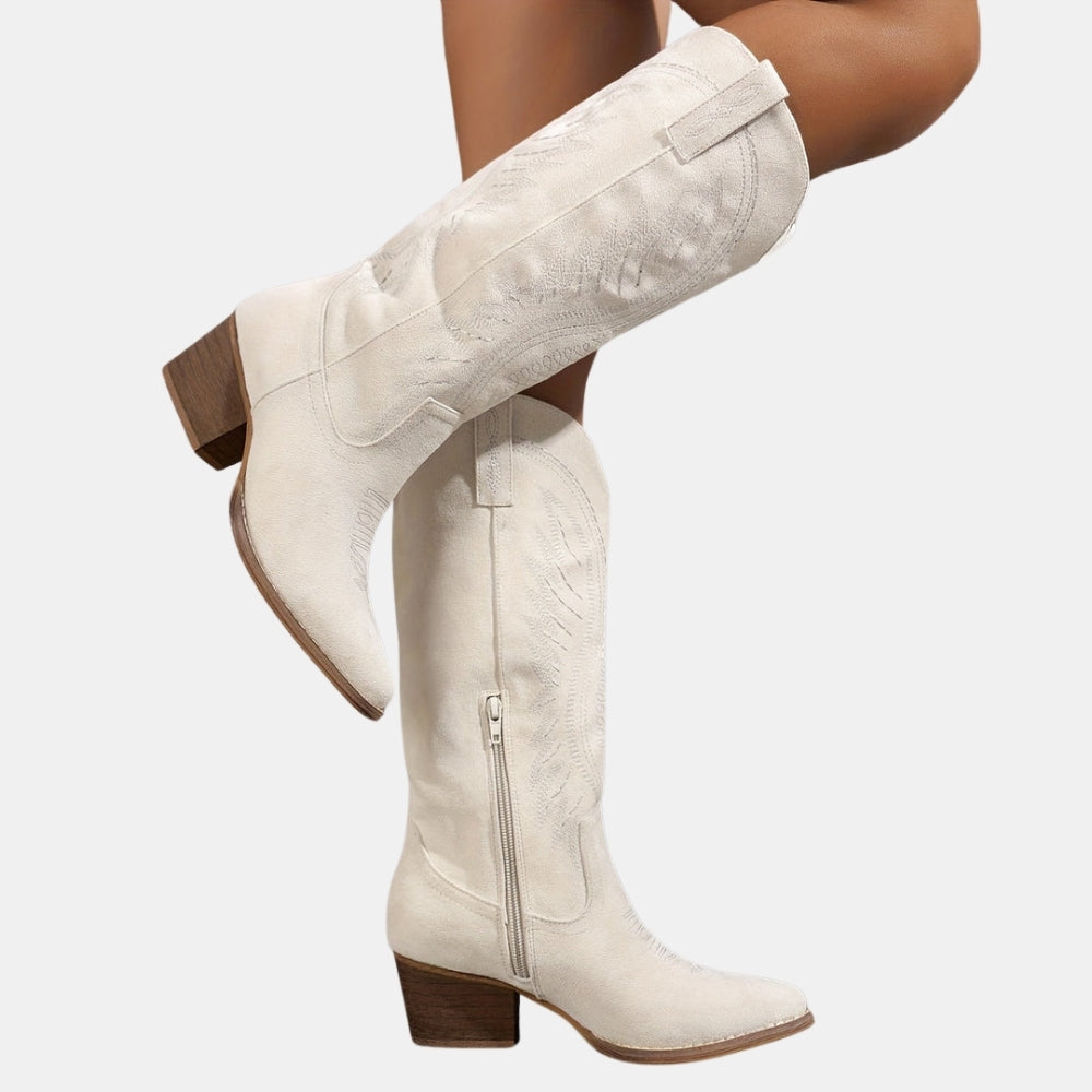 White knee-high boots with brown block heels on a white background