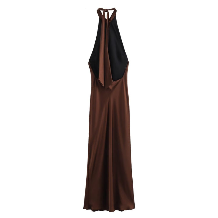 Brown evening gown with black top on a white background