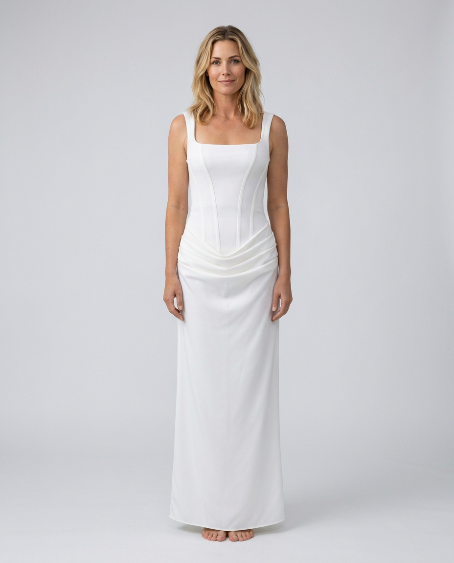 Woman wearing a white sleeveless dress against a plain background