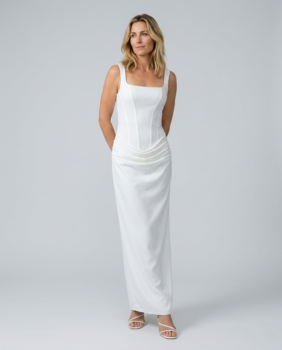 Woman wearing a white sleeveless dress against a plain background