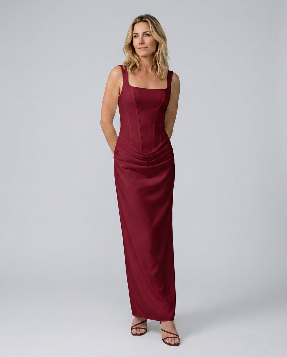 Woman wearing a burgundy evening gown against a plain background
