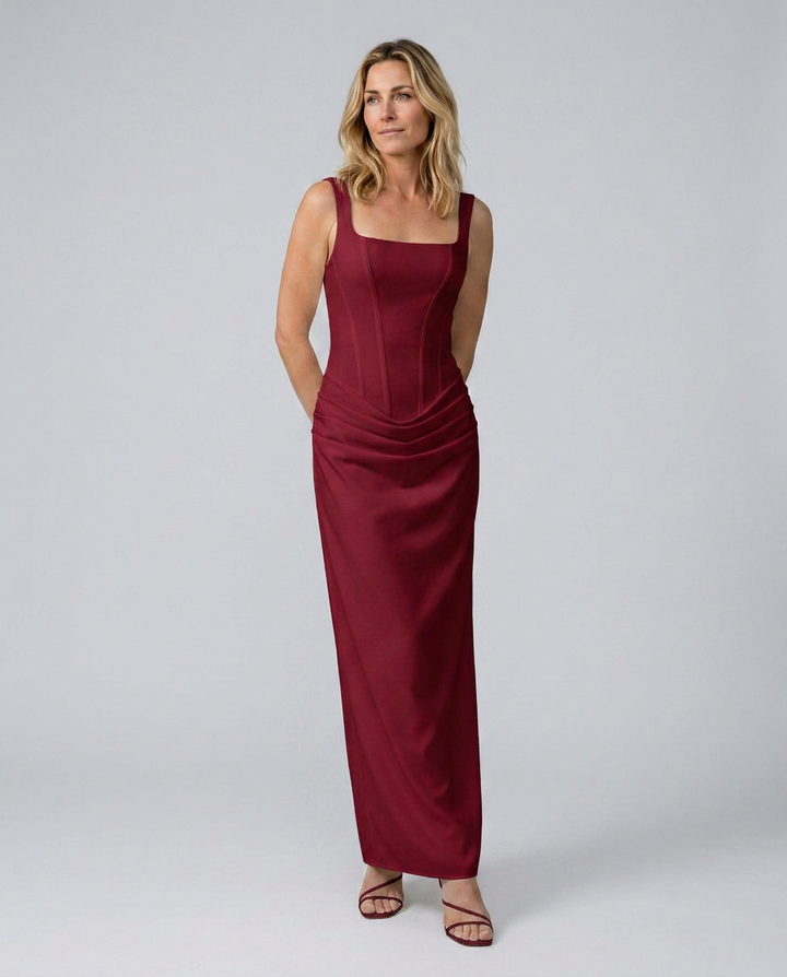 Woman wearing a burgundy evening gown against a plain background