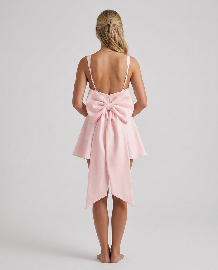Pink dress with a large bow on the back worn by a person on a plain background