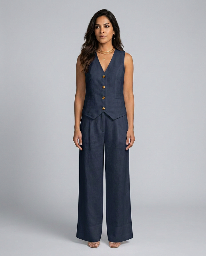 Woman wearing a navy blue vest and wide-leg pants on a gray background