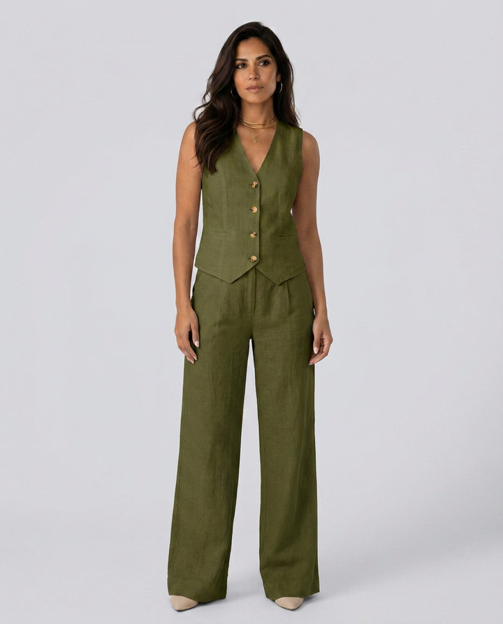 Woman wearing a green vest and pants set on a white background