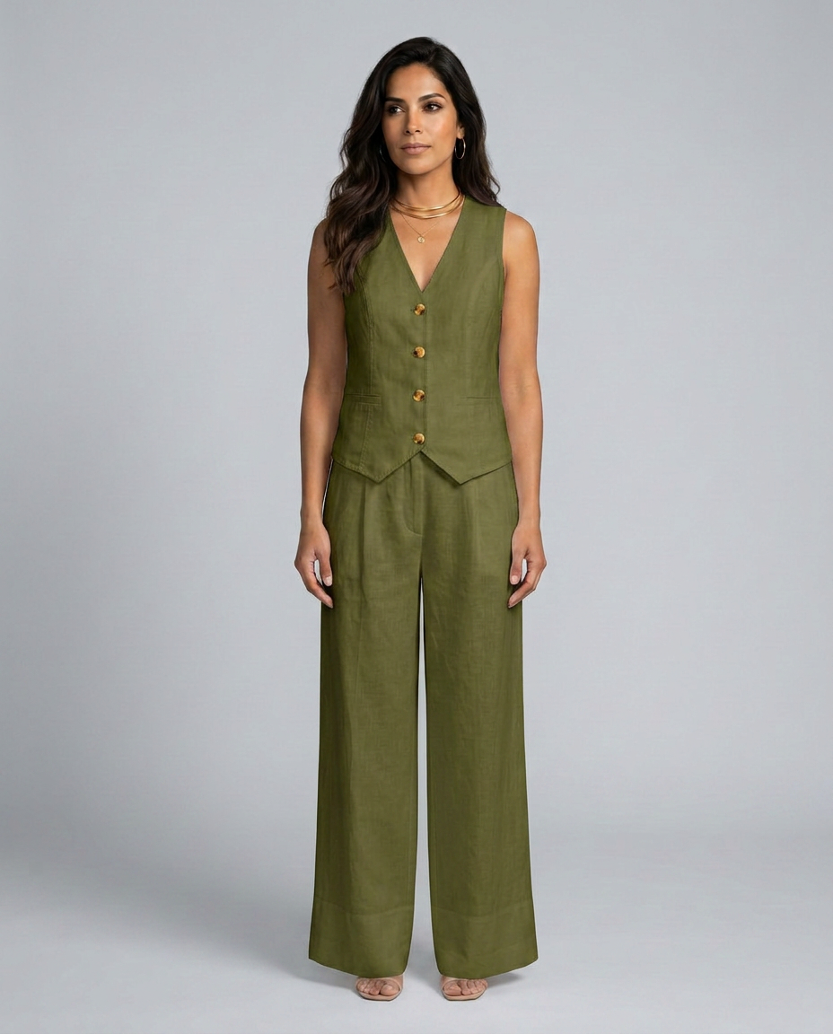 Woman wearing a green vest and wide-leg pants on a gray background