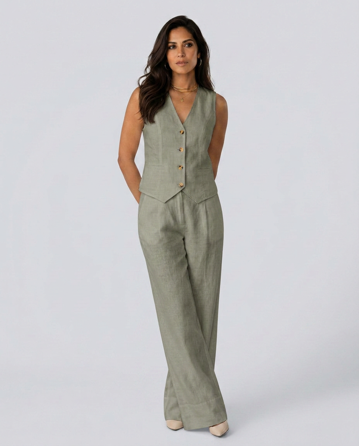 Woman wearing a green vest and pants set on a white background