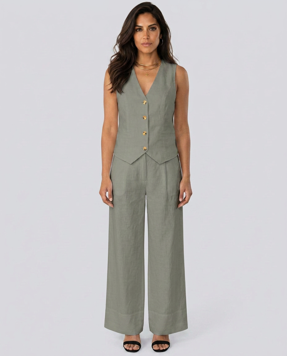 Woman wearing a green vest and wide-leg pants on a white background