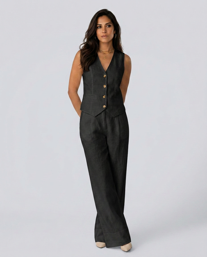 Woman wearing a black vest and pants set on a white background
