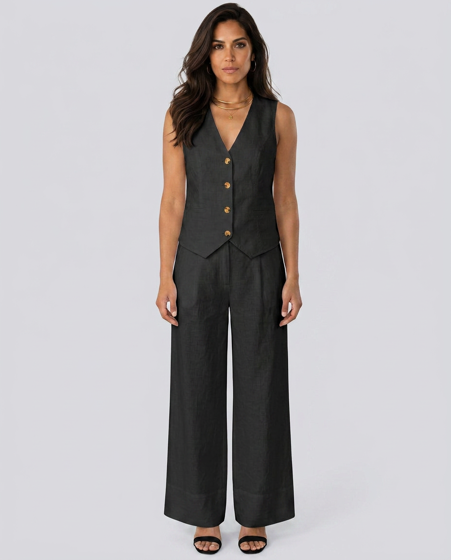 Woman wearing a black sleeveless top and wide-leg pants on a white background