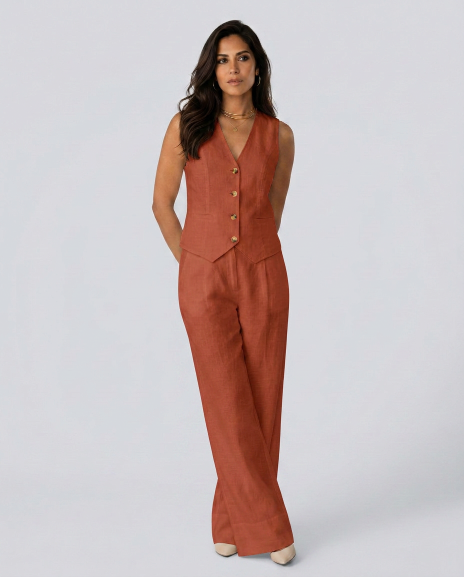 Woman wearing a rust-colored sleeveless top and pants set on a white background