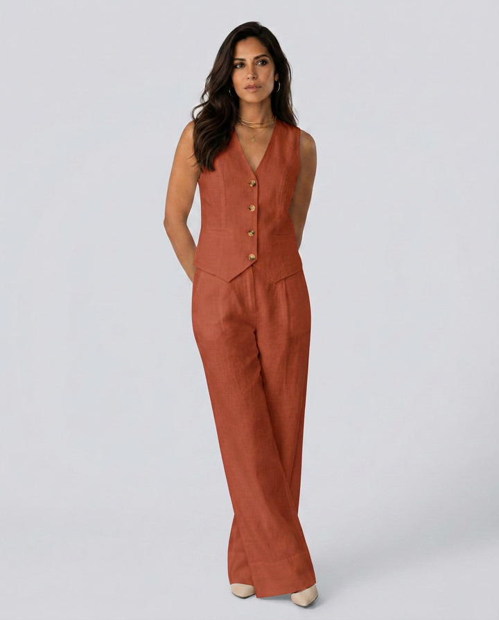 Woman wearing a rust-colored sleeveless top and pants set on a white background