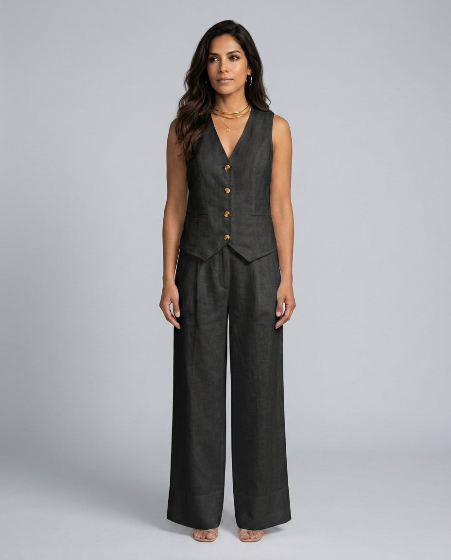 Woman wearing a dark gray vest and wide-leg pants on a gray background
