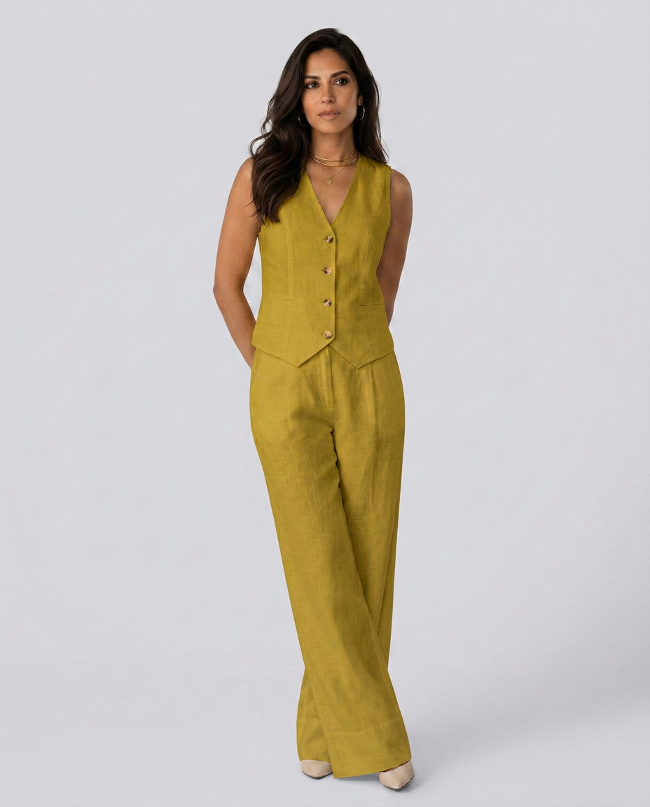 Woman wearing a mustard yellow sleeveless top and pants on a white background