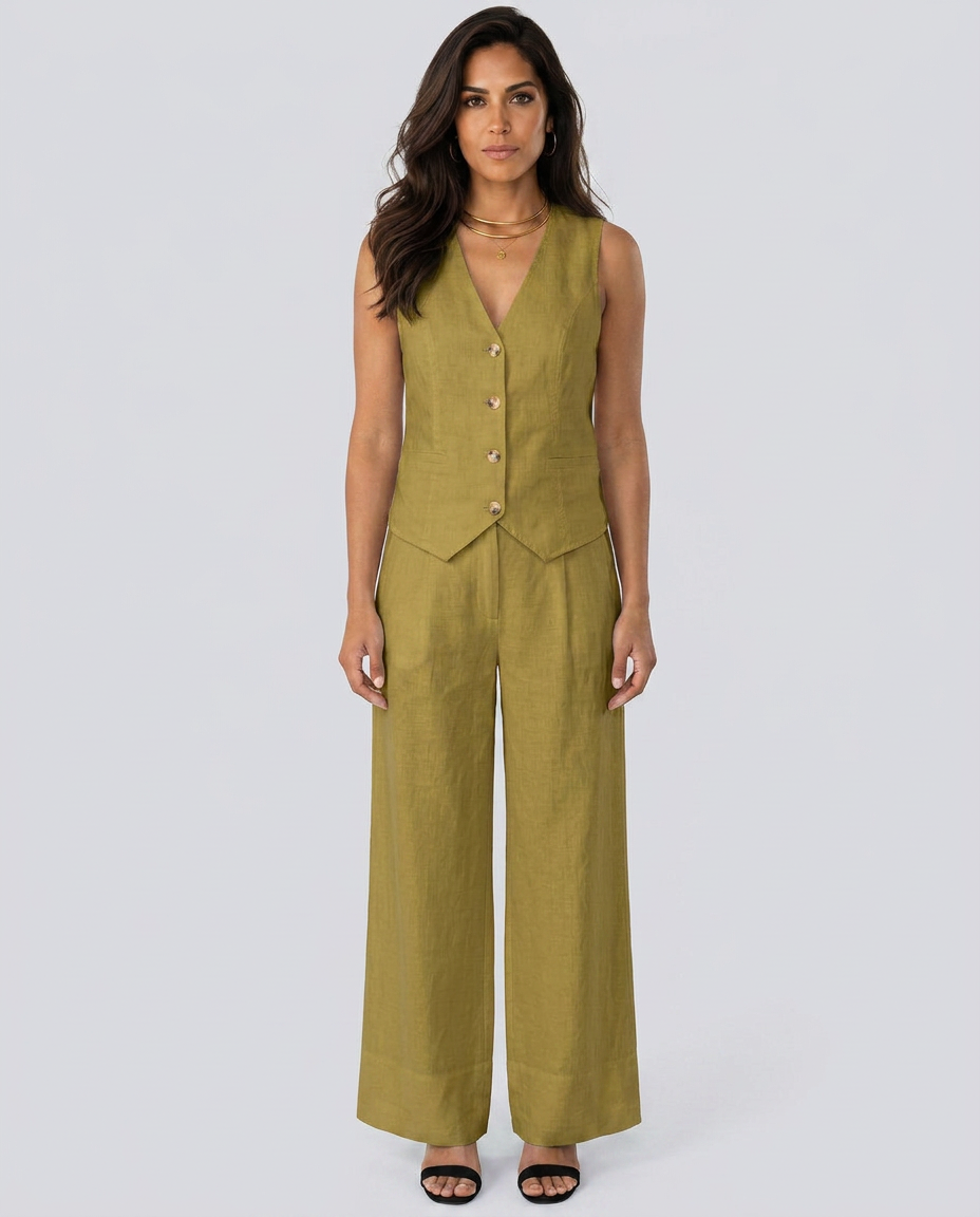 Woman wearing a green jumpsuit with a vest on a white background