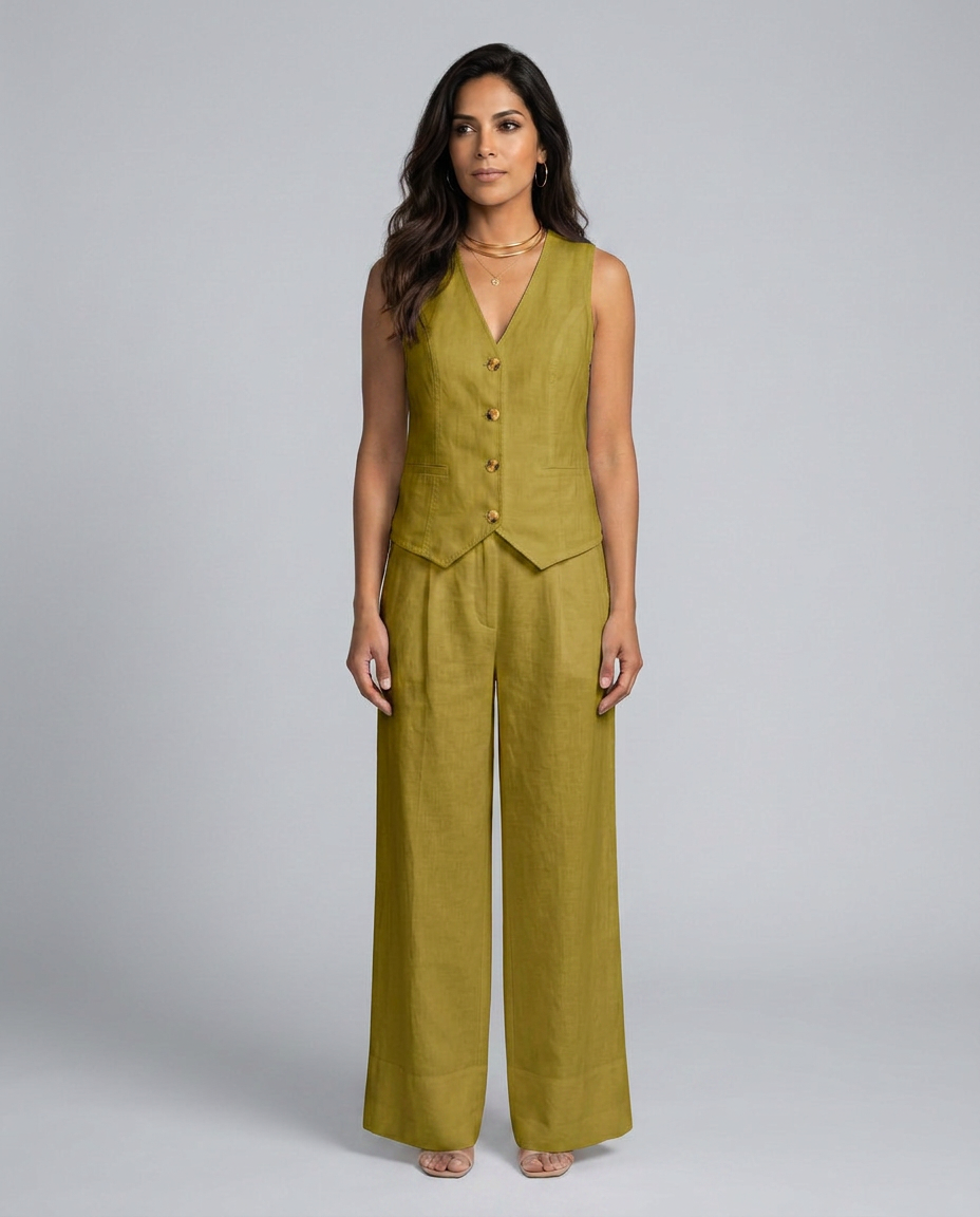 Woman wearing a green sleeveless top and wide-leg pants on a gray background