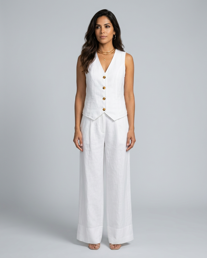 Woman wearing a white vest with gold buttons and wide-leg pants on a gray background