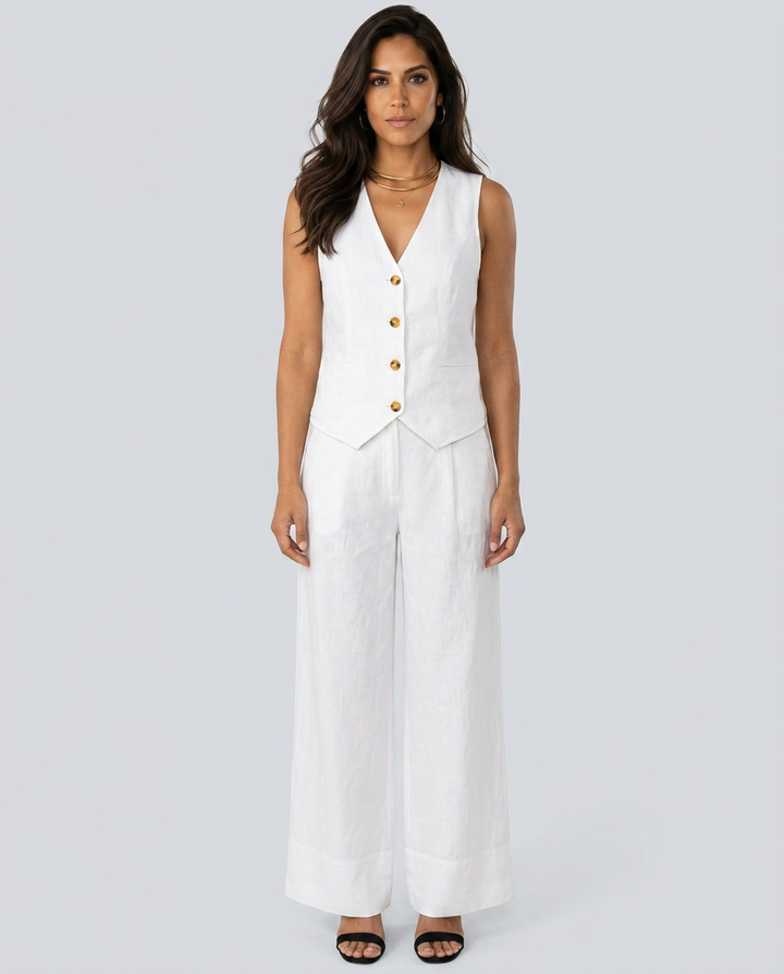 Woman wearing a white sleeveless top with gold buttons and wide-leg pants on a light gray background