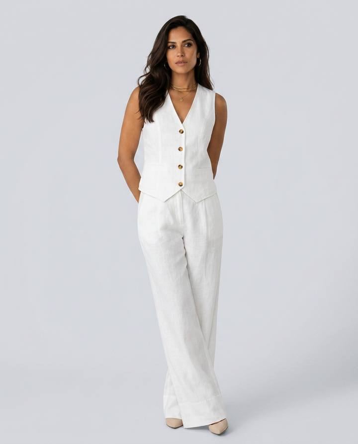 Woman wearing a white sleeveless jumpsuit with buttons on a light gray background