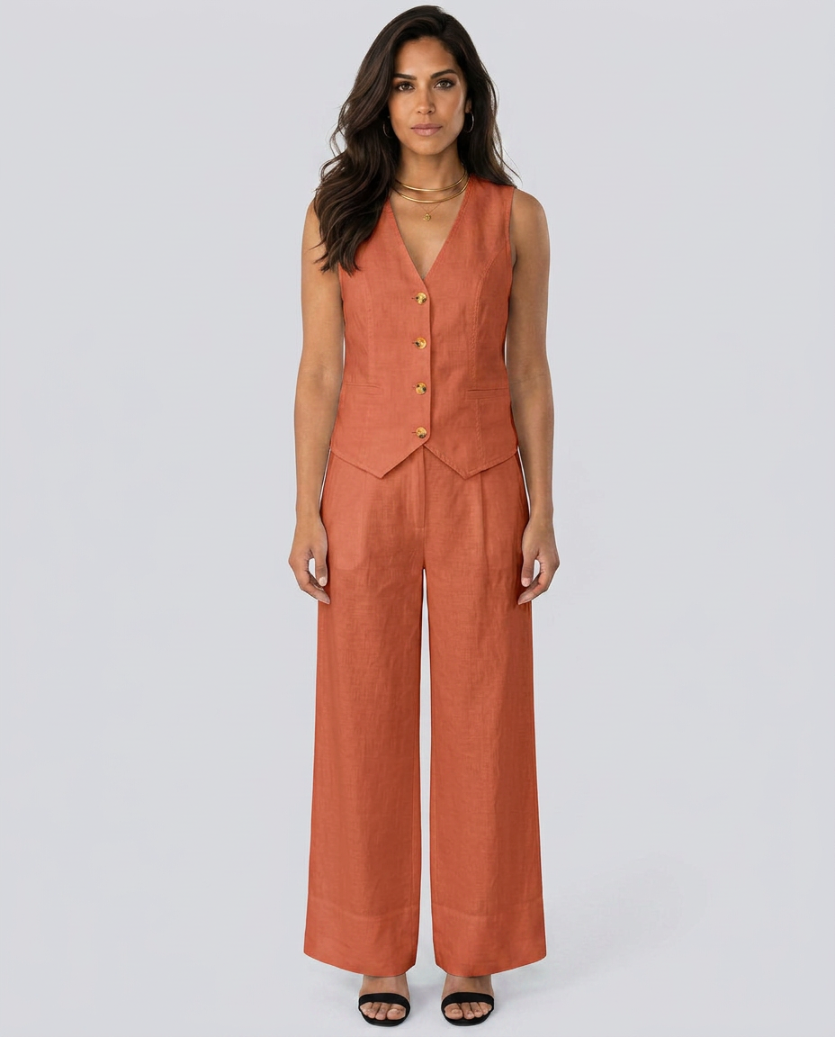 Woman wearing a rust-colored vest and wide-leg pants on a white background
