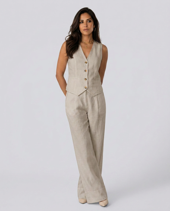 Woman wearing a beige vest and pants set on a white background