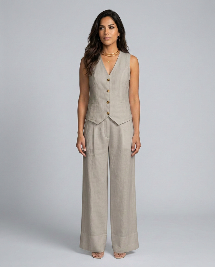 Woman wearing a beige vest and wide-leg pants on a gray background
