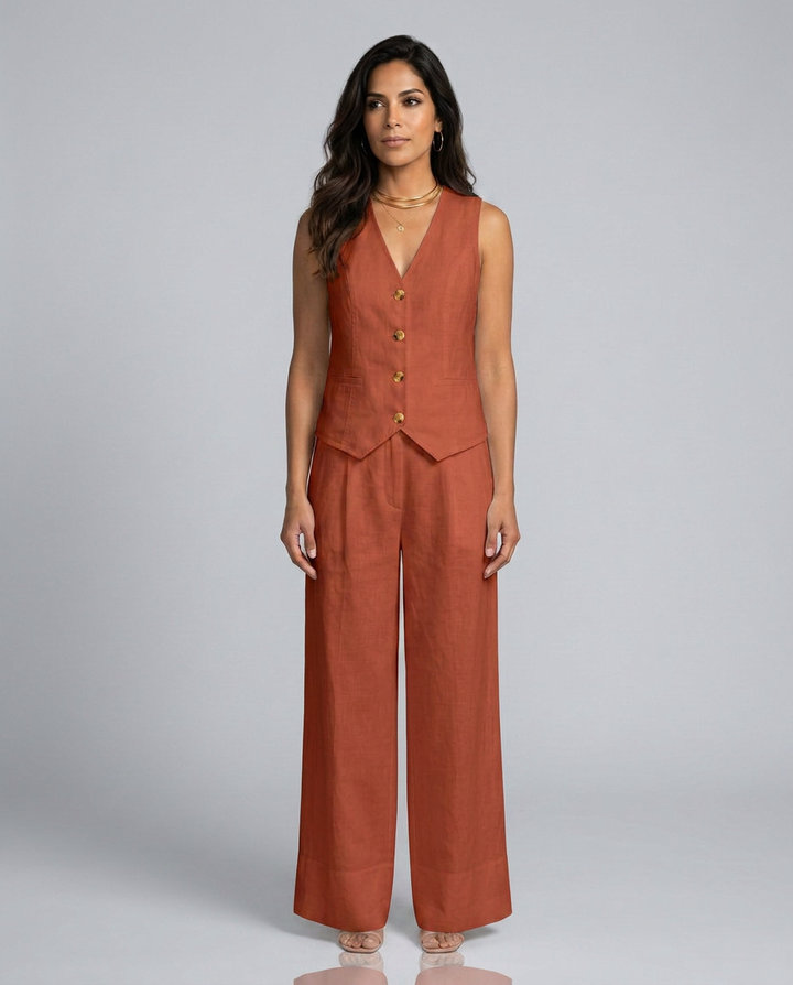 Woman wearing a rust-colored sleeveless top and wide-leg pants on a gray background