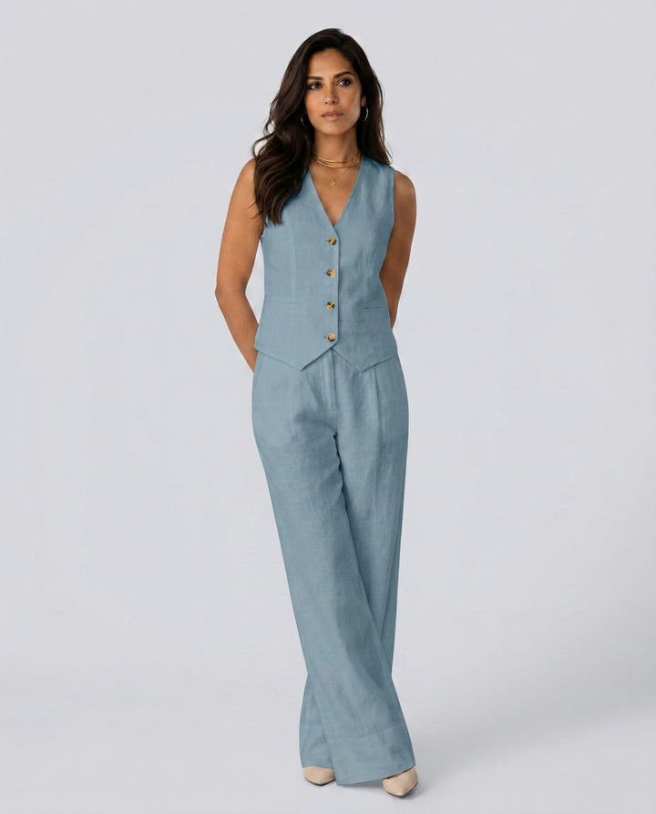 Woman wearing a light blue sleeveless jumpsuit on a white background