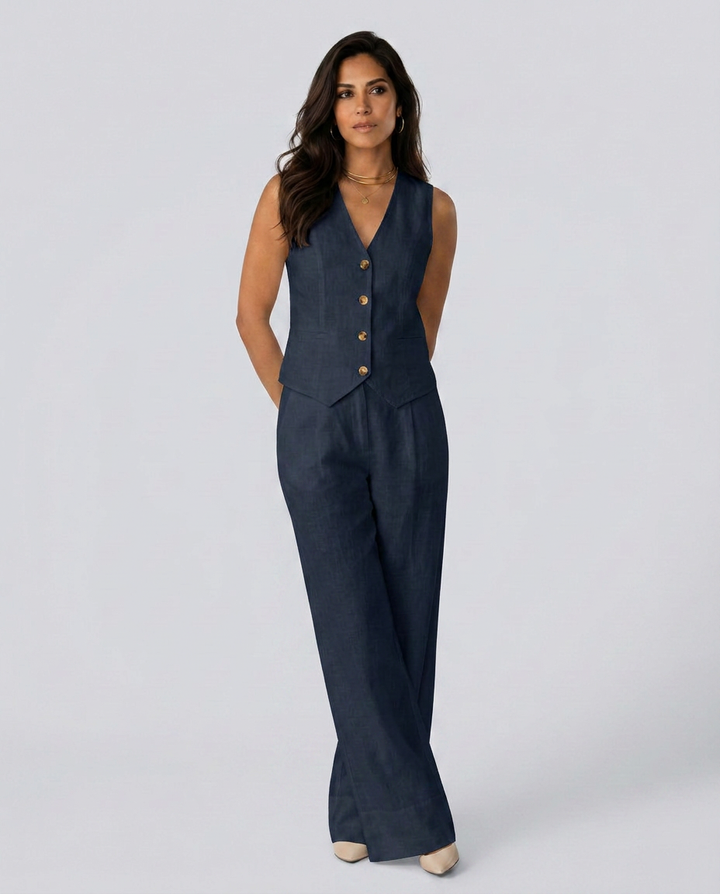 Woman wearing a navy blue jumpsuit with a vest on a white background