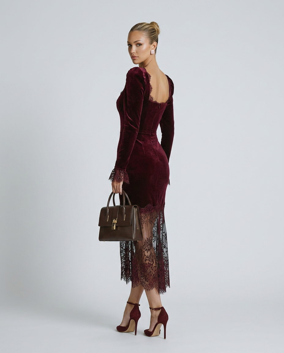 Woman wearing a burgundy velvet dress with lace details, holding a matching handbag on a white background.