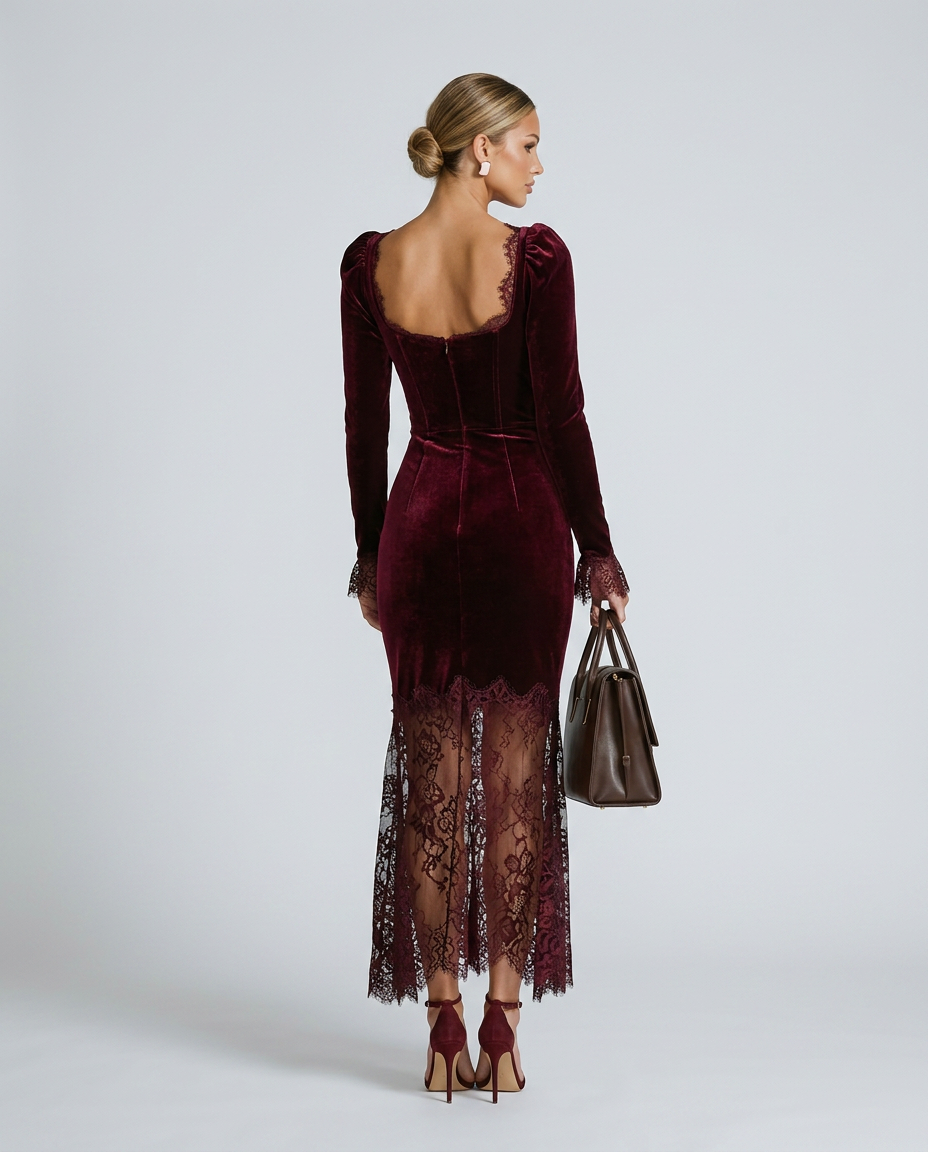 Woman wearing a burgundy velvet dress with lace details on a white background