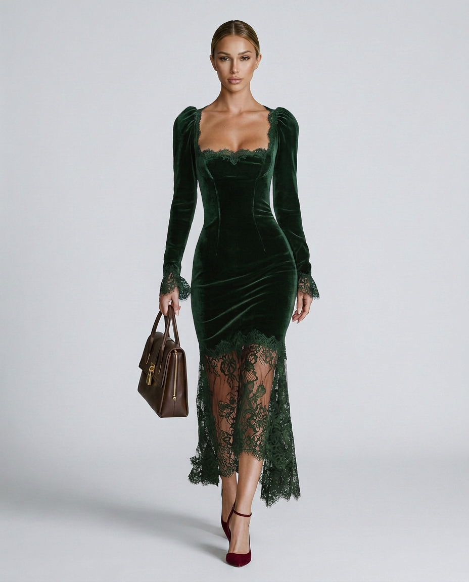 Woman wearing a green velvet dress with lace detailing on a white background