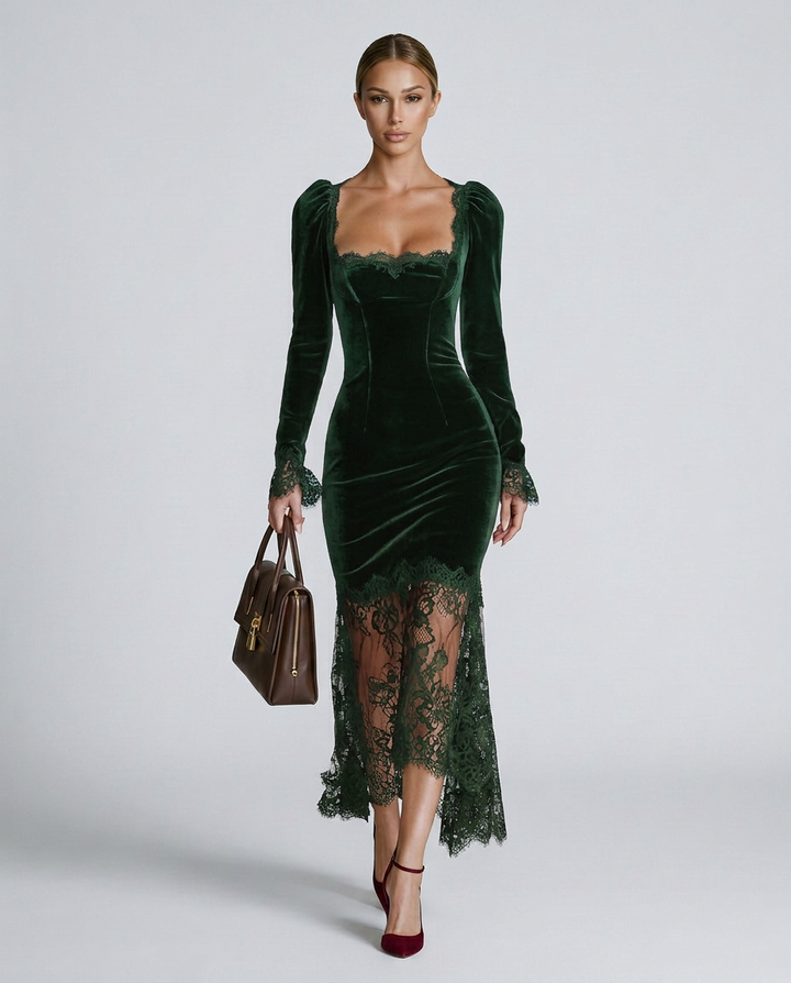 Woman wearing a green velvet dress with lace detailing on a white background